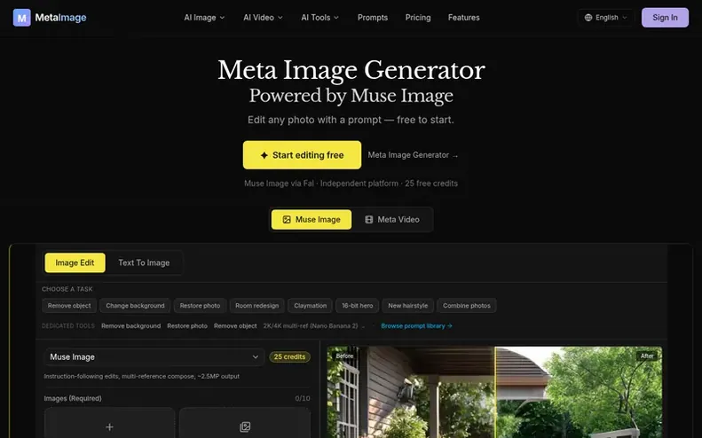 Screenshot of the Meta Image homepage