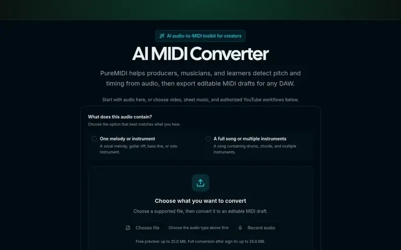Screenshot of the PureMIDI homepage
