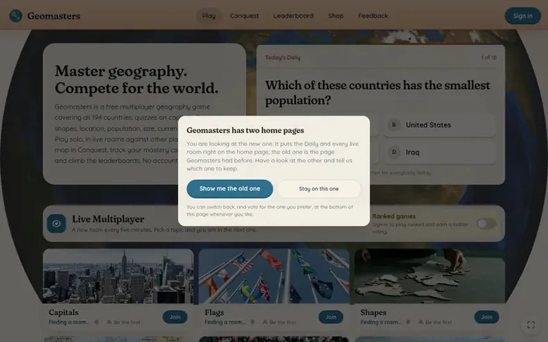 Screenshot of the Geomasters homepage