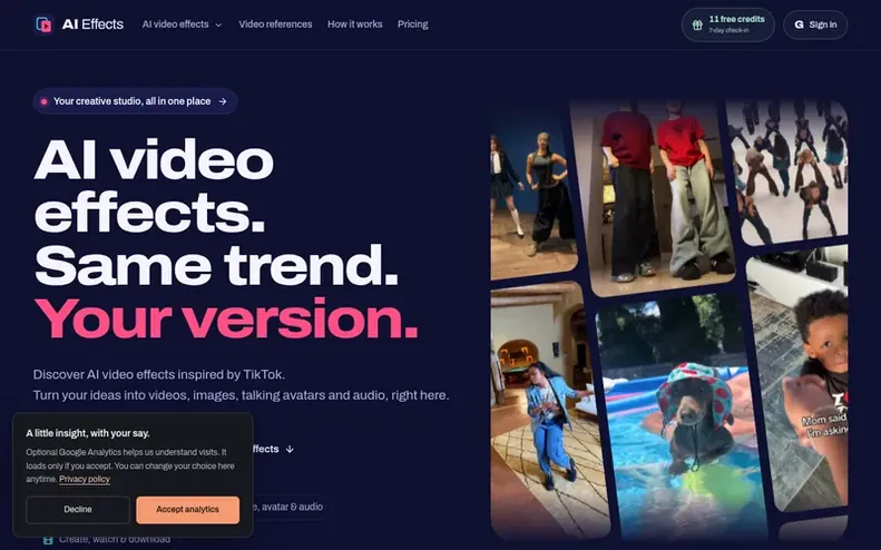 Screenshot of the AI Effects homepage