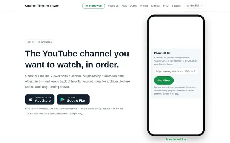 Screenshot of the Channel Timeline Viewer homepage