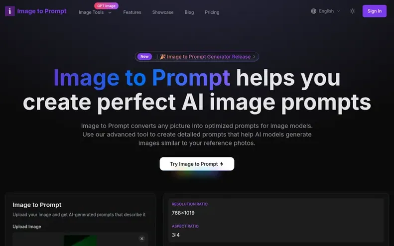 Screenshot of the Image to Prompt homepage