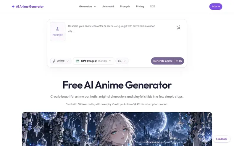 Screenshot of the AI Anime Generator homepage