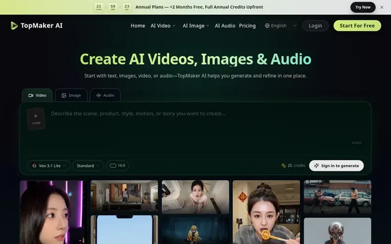Screenshot of the TopMaker AI homepage