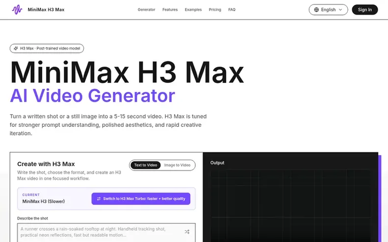 Screenshot of the MiniMax H3 Max homepage
