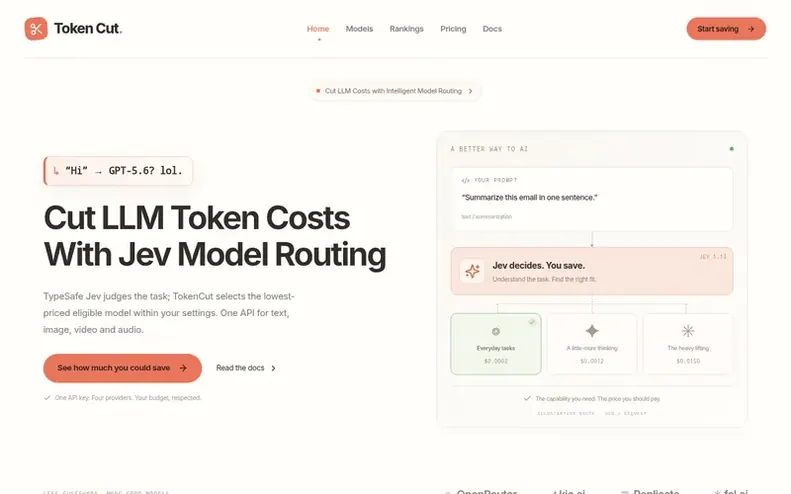 Screenshot of the Token Cut homepage