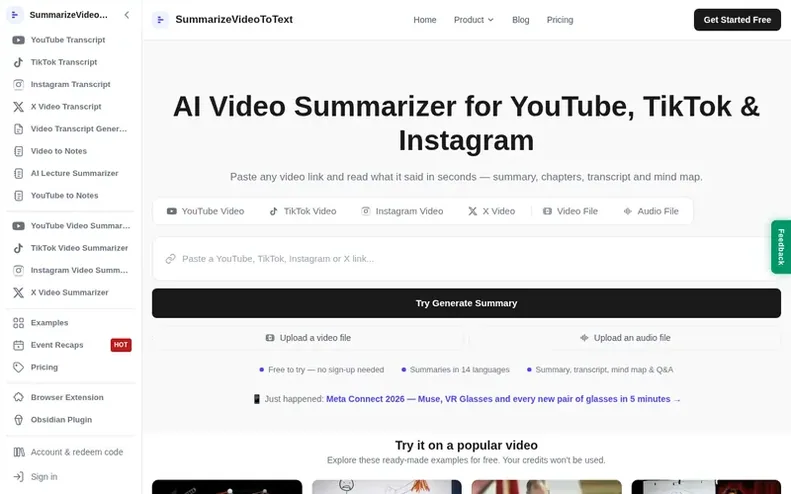 Screenshot of the SummarizeVideoToText homepage