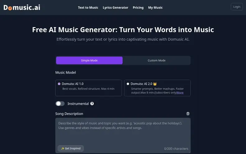 Screenshot of the Domusic.ai homepage