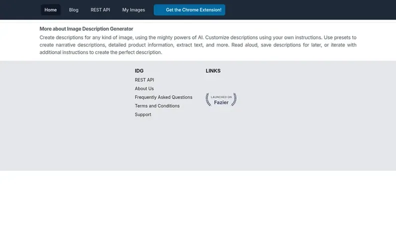 Screenshot of the Image Description Generator homepage