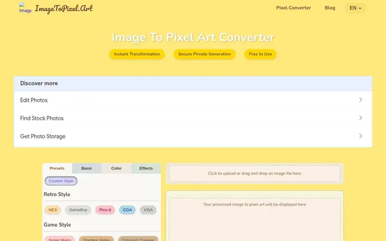 Screenshot of the ImageToPixel.Art homepage