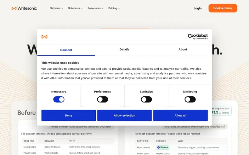 Screenshot of the Writesonic homepage
