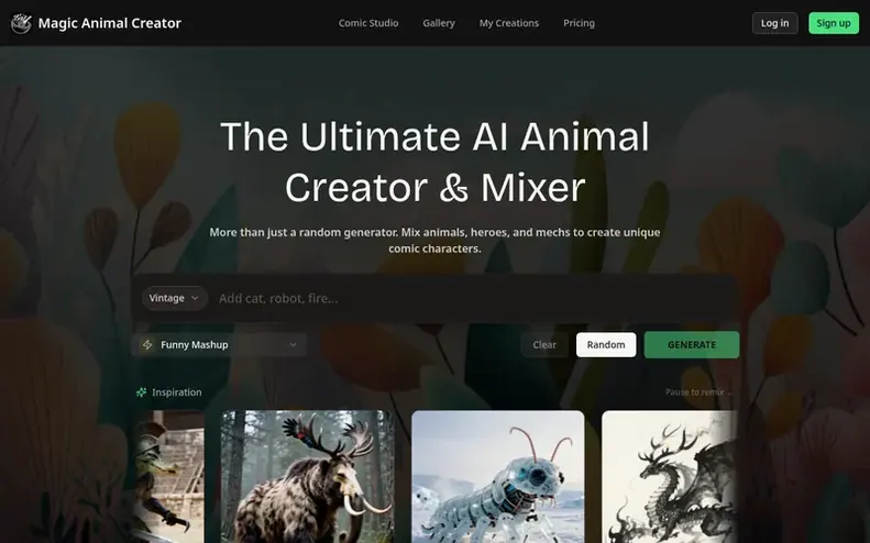 Screenshot of the Magic Animal Creator homepage