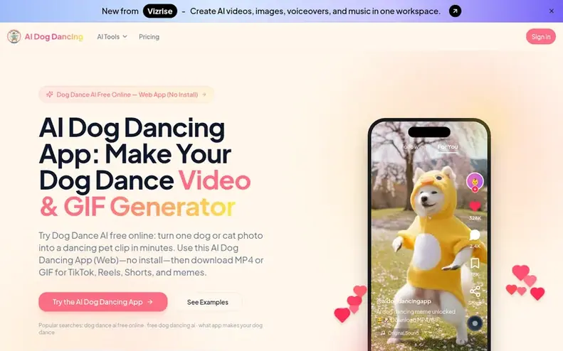 Screenshot of the AI Dog Dancing homepage