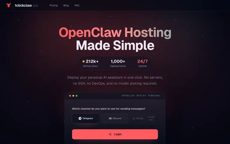Screenshot of the 1ClickClaw homepage