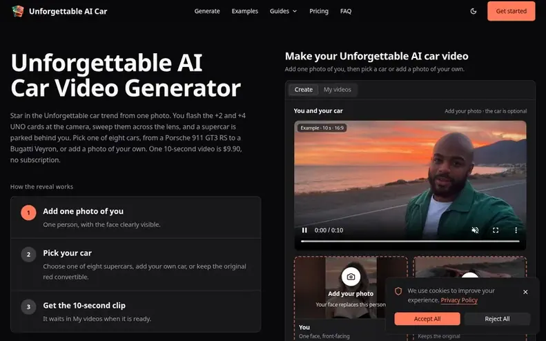 Screenshot of the Unforgettable AI Car homepage