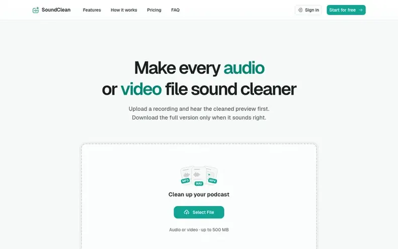 Screenshot of the SoundClean homepage