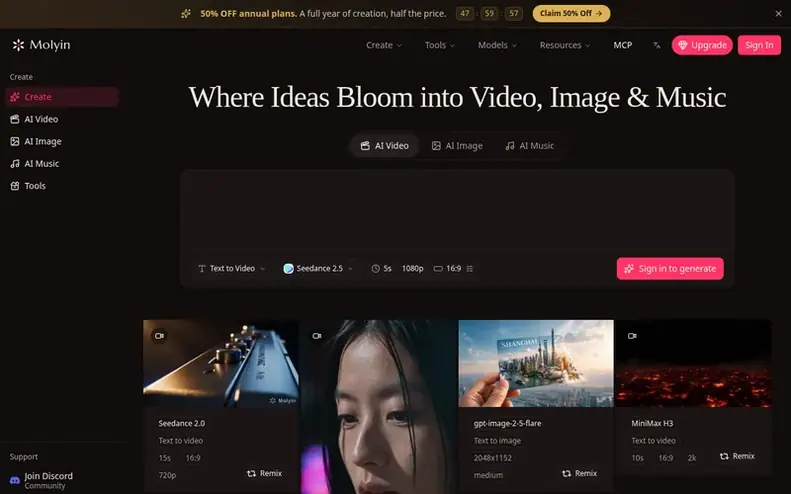 Screenshot of the Molyin homepage