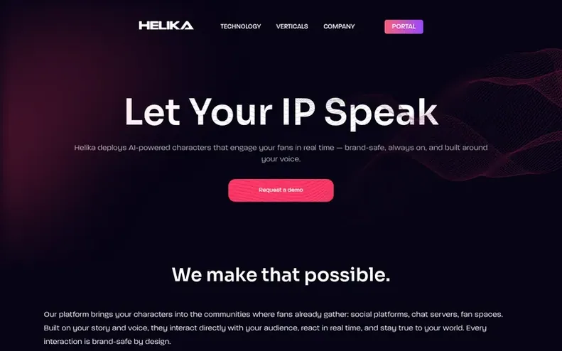Screenshot of the Helika homepage