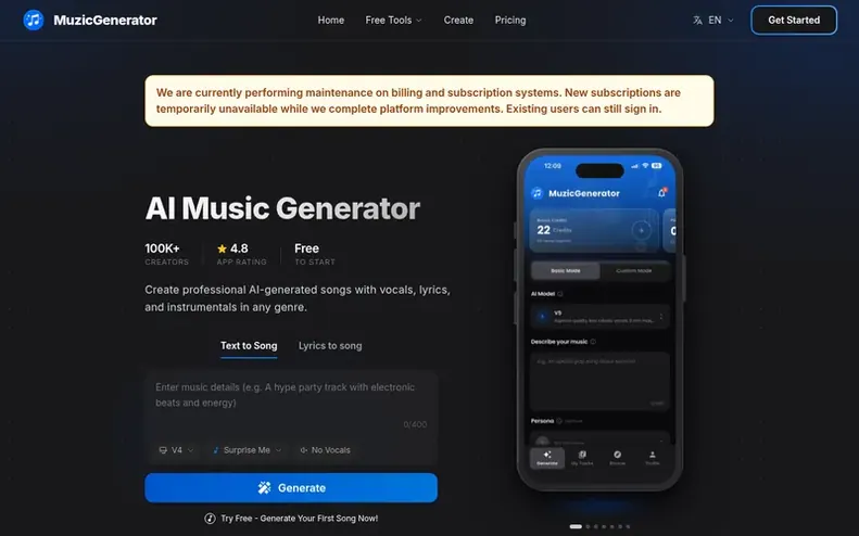 Screenshot of the MuzicGenerator homepage