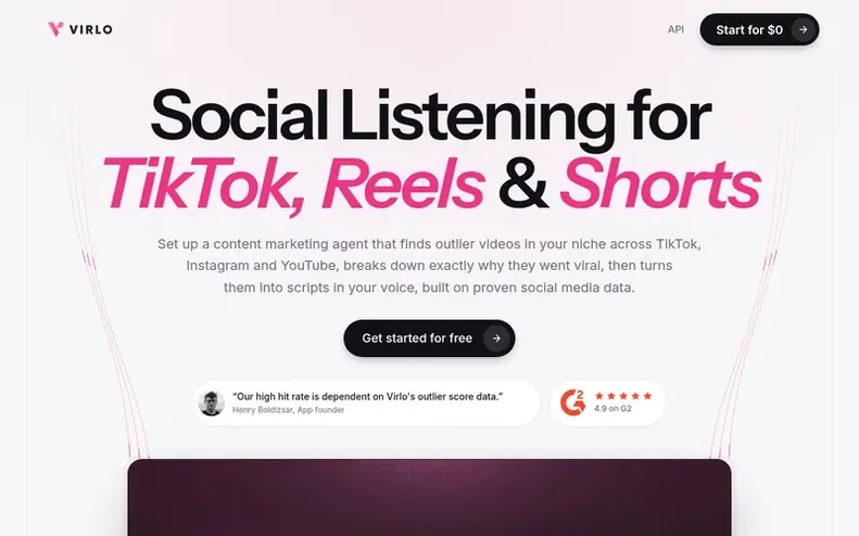 Screenshot of the Virlo homepage