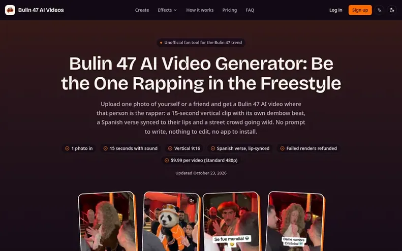 Screenshot of the Bulin 47 AI Videos homepage