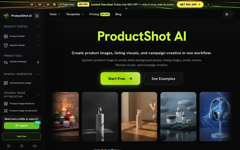 Screenshot of the ProductShot AI homepage