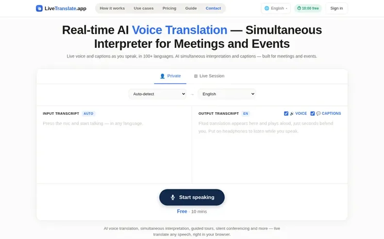 Screenshot of the LiveTranslate homepage