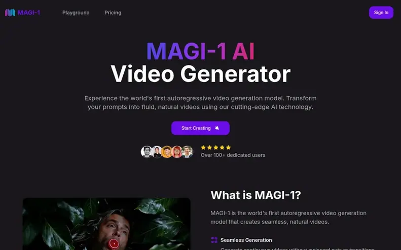 Screenshot of the MAGI-1 homepage