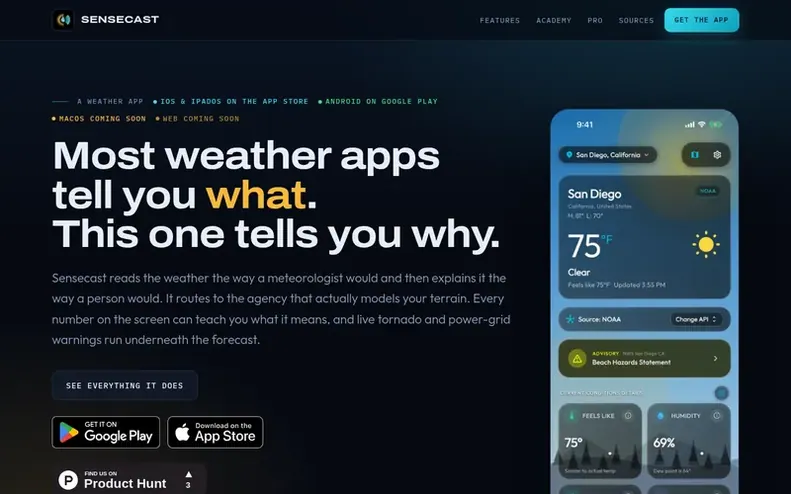 Screenshot of the Sensecast homepage