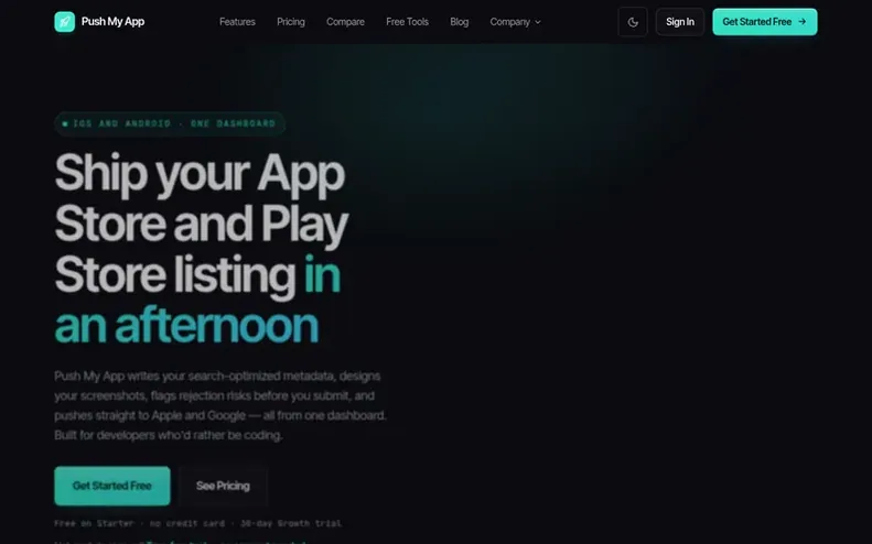 Screenshot of the Push My App homepage
