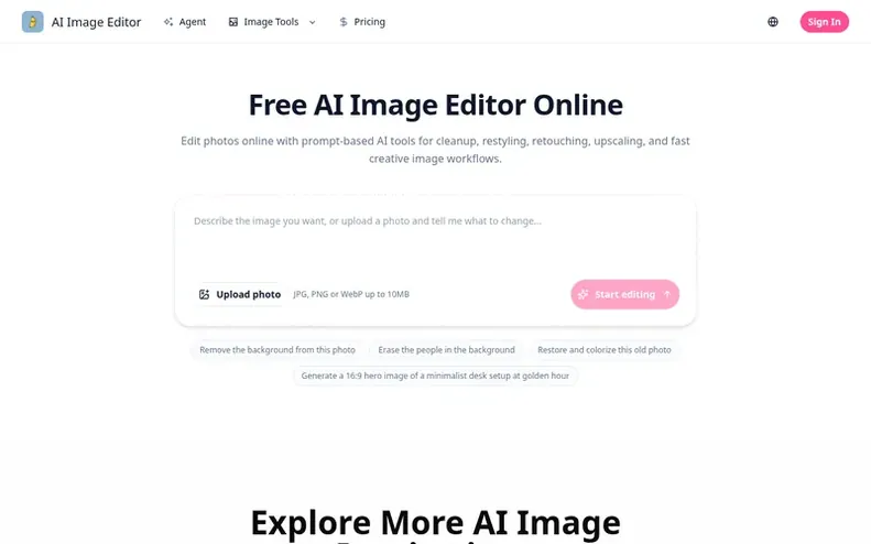 Screenshot of the AI Image Editor homepage
