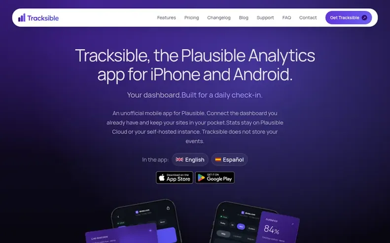 Screenshot of the Tracksible homepage