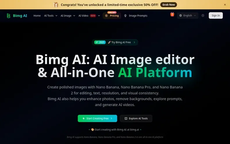 Screenshot of the Bimg AI homepage