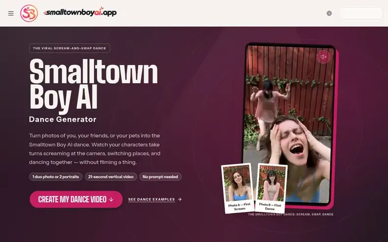 Screenshot of the Smalltown Boy AI homepage
