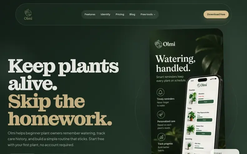 Screenshot of the Olmi homepage