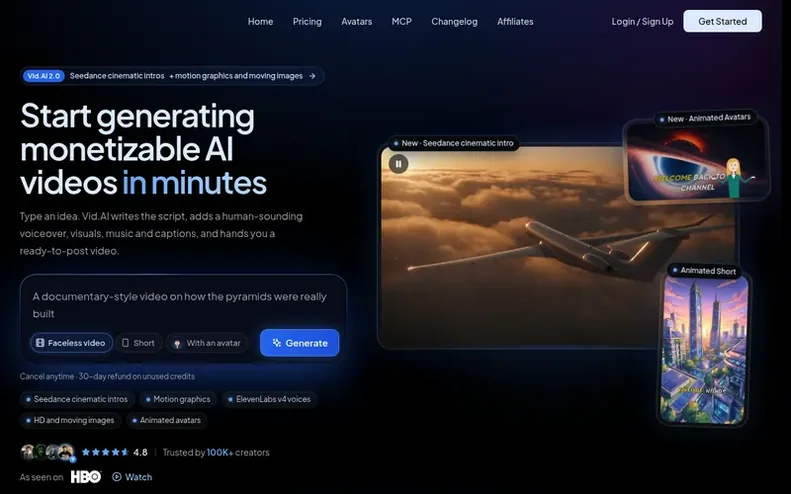 Screenshot of the Vid.AI homepage