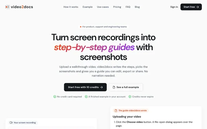 Screenshot of the video2docs homepage