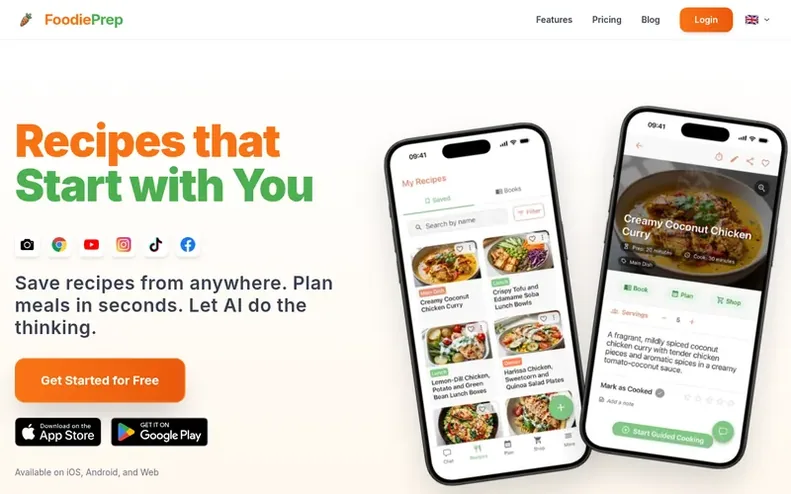 Screenshot of the FoodiePrep homepage