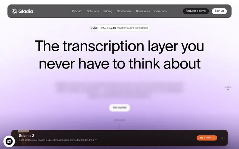 Screenshot of the Gladia homepage