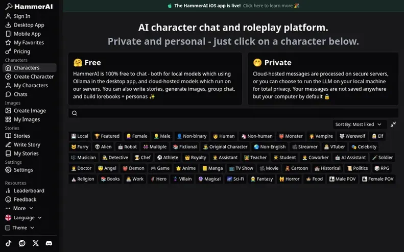 Screenshot of the HammerAI homepage