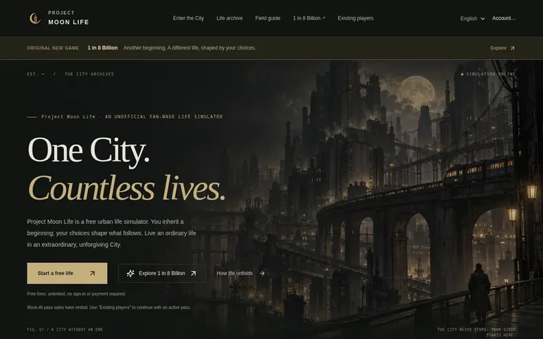 Screenshot of the Project Moon Life homepage