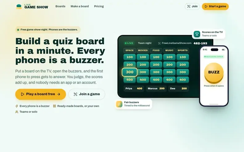 Screenshot of the LiveGameShow homepage