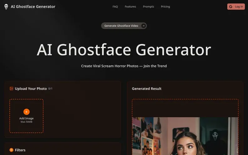 Screenshot of the AI Ghostface Generator homepage