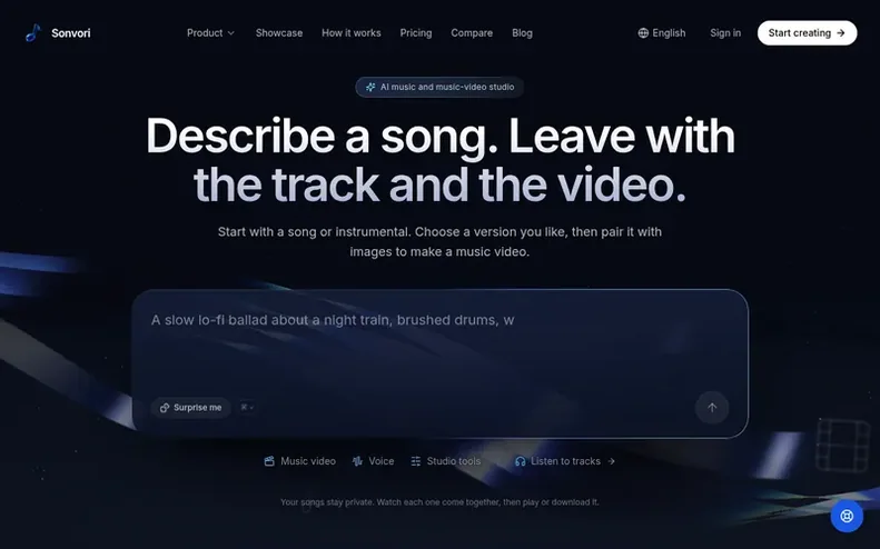 Screenshot of the Sonvori homepage