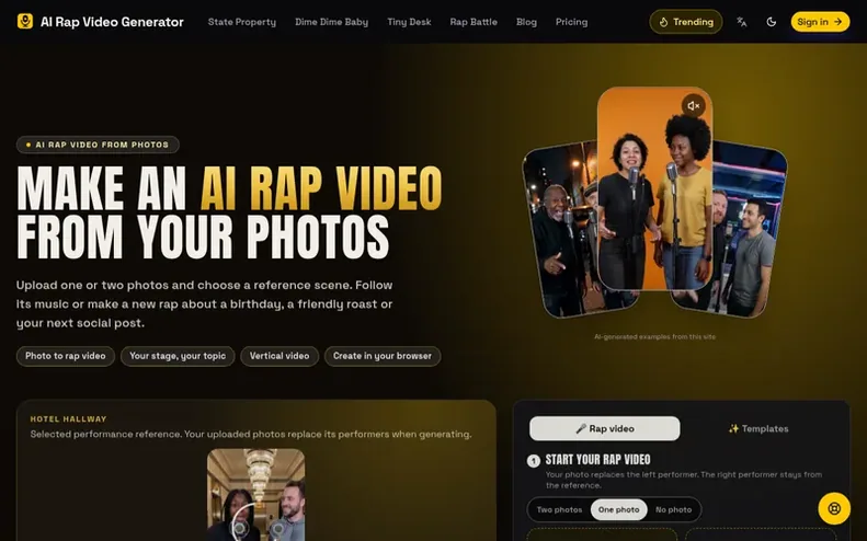 Screenshot of the AI Rap Video Generator homepage