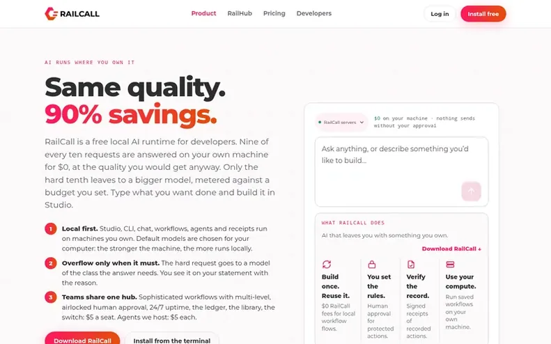 Screenshot of the RailCall homepage