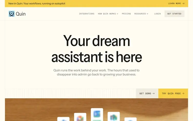 Screenshot of the Quin homepage