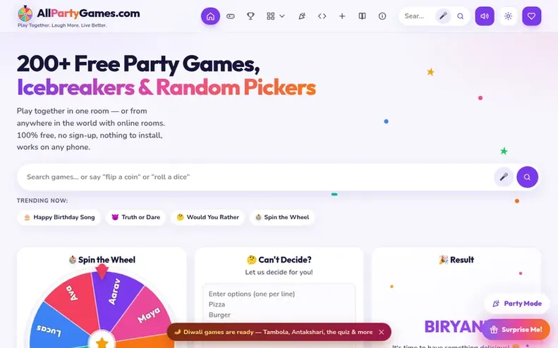 Screenshot of the AllPartyGames.com homepage