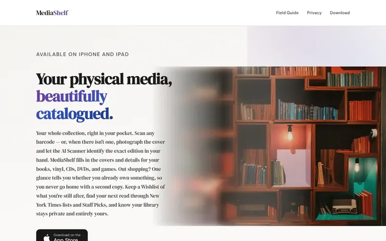 Screenshot of the MediaShelf homepage