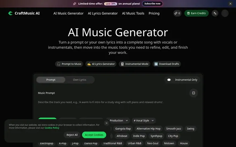 Screenshot of the CraftMusic homepage